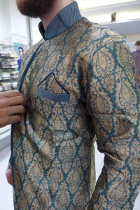 Western style meets Desi wear. Note ornamental "pocket square" for wedding kurta. 