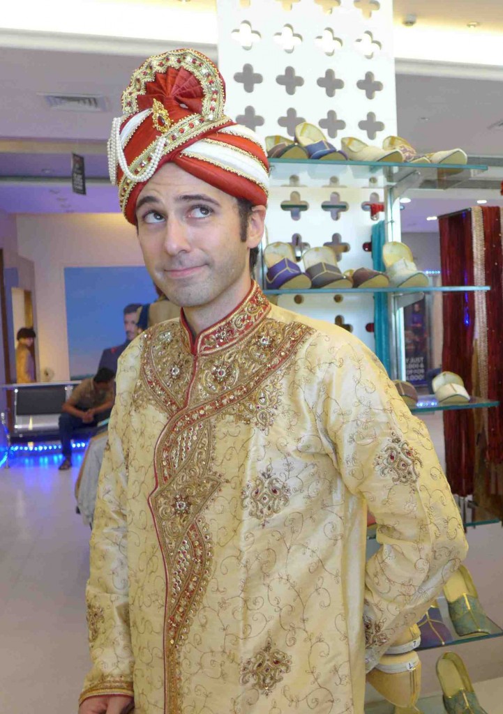 Groom looking skeptical about donning a wedding turban. Got vetoed. Too bad. 